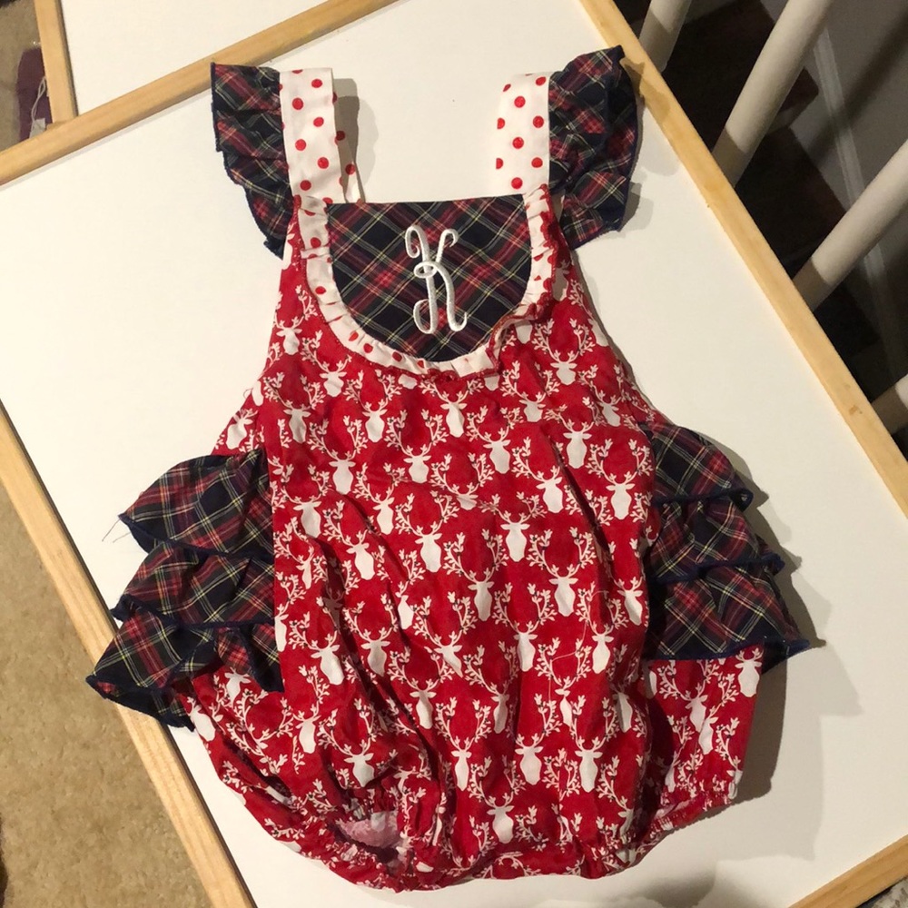 Embroidered holiday romper Rick rack ruffles